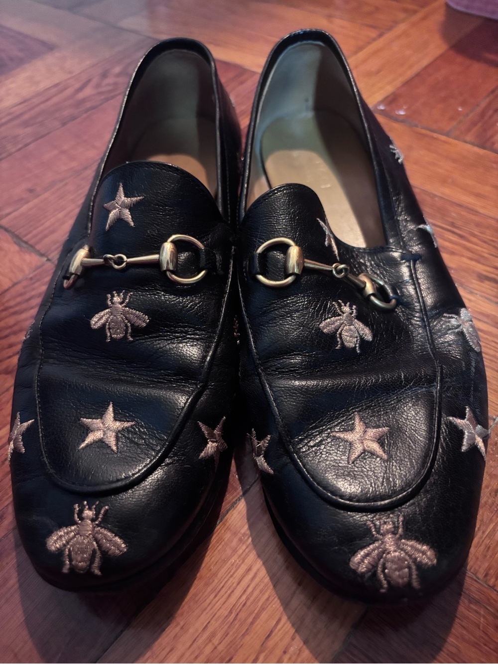 Gucci Black Leather Loafers with Gold Horsebit and Embroidered Bees & Stars - Picture 3 of 6